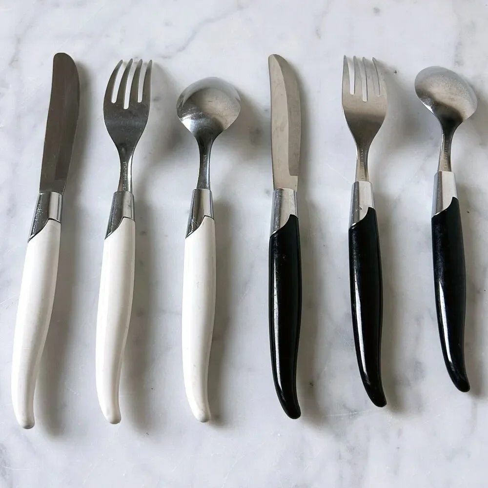 Vintage Robinson Hollow Ground Stainless Steel Silverware Flatware Bk/Wht Handle